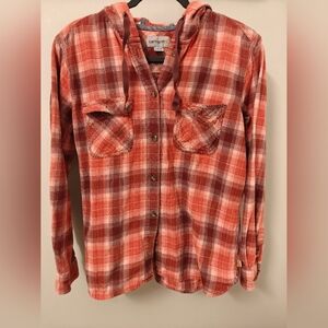 Carhartt Women's Relaxed Fit Redwood Flannel Hooded Plaid Button Down LS M 8/10